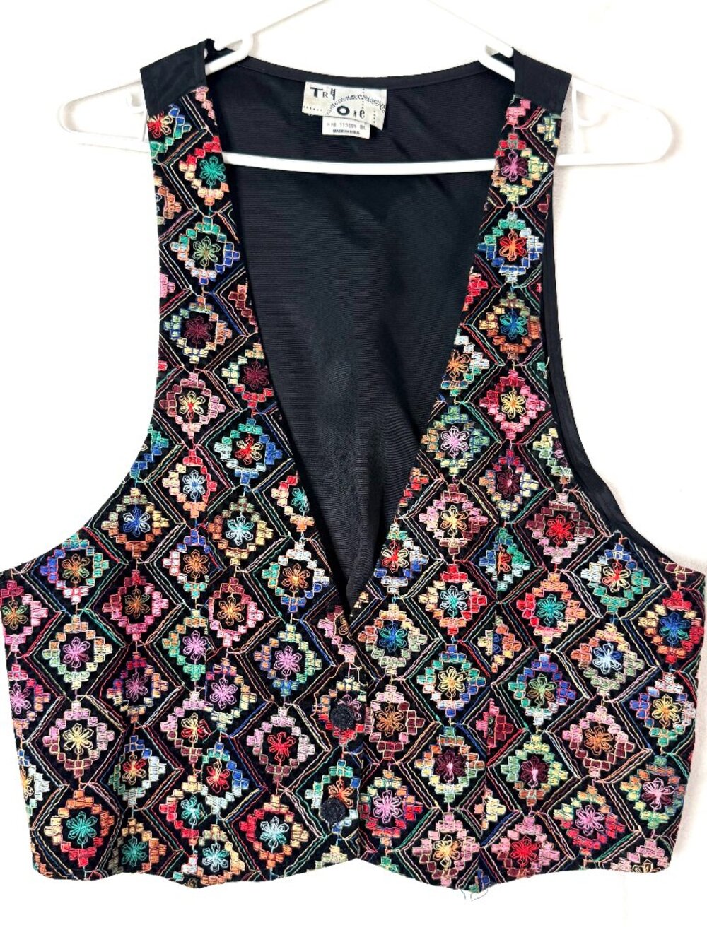 VTG USA Embroidered Floral Cottagecore Boho Hippie 70s 2 Button Vest L